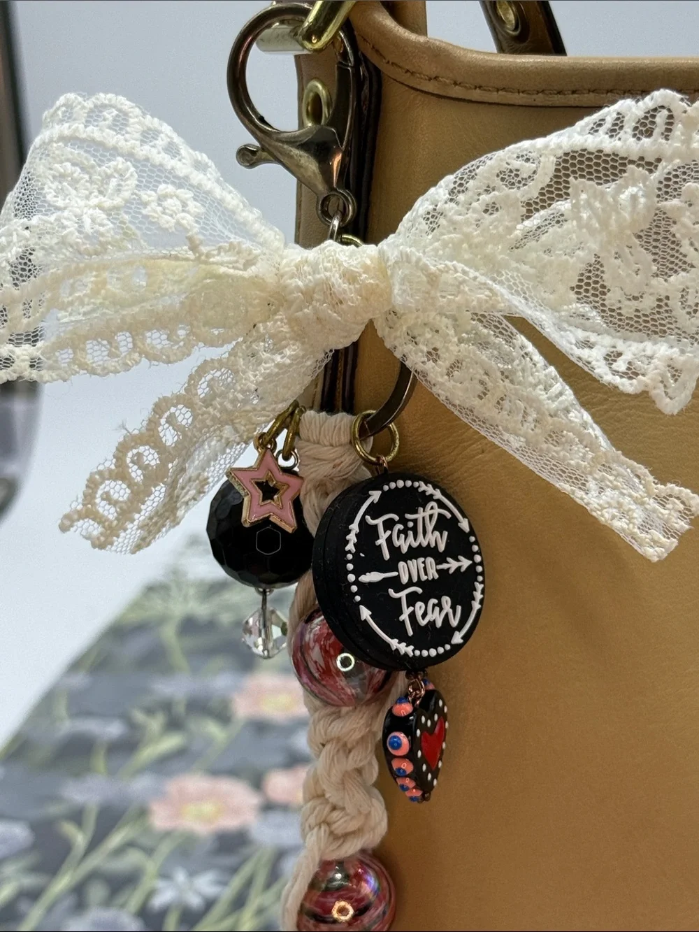 👑Adorned Crown Jewelry purse bag charm keychain Faith over Fear Jesus macrame